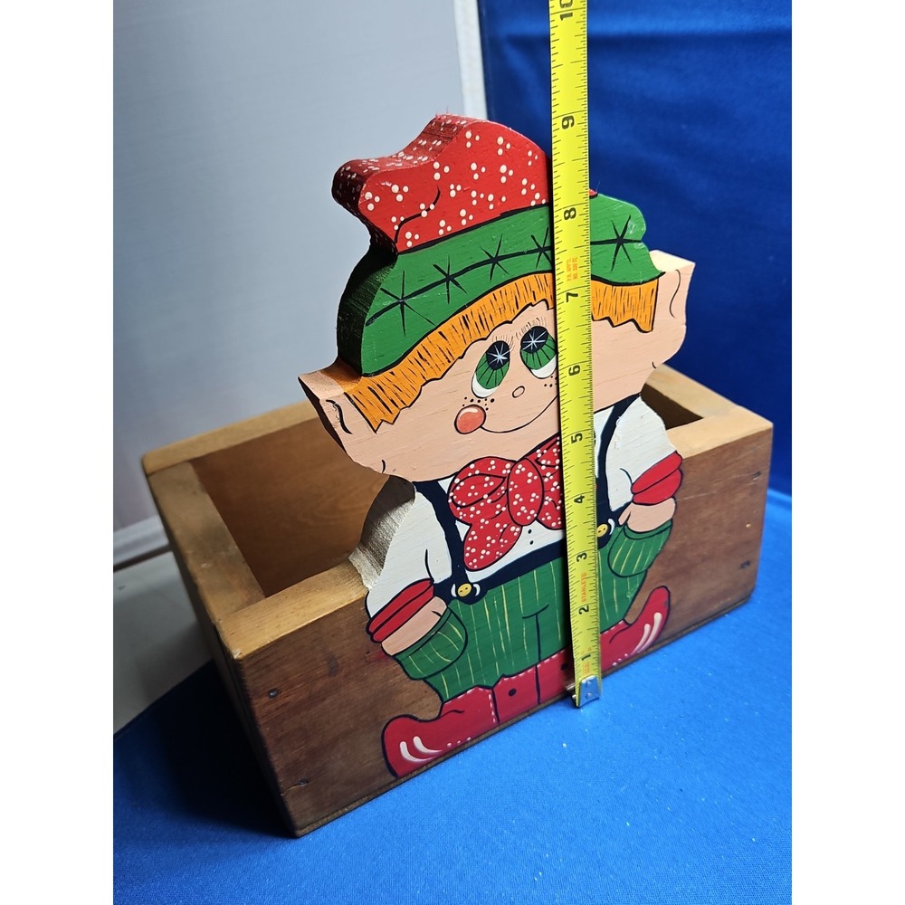 Wood Elf Christmas Card Box Folk Art Handcrafted Hand Painted Kitsch Vintage 9" - Picture 7 of 11